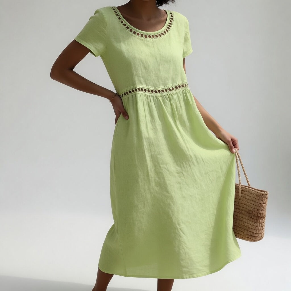 Pernelle™ — Abito midi in 100% cotone ricamato, femminilità delicata